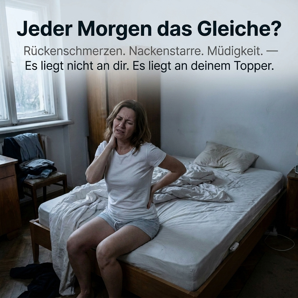 Frau sitzt morgens mit Rückenschmerzen auf der Bettkante