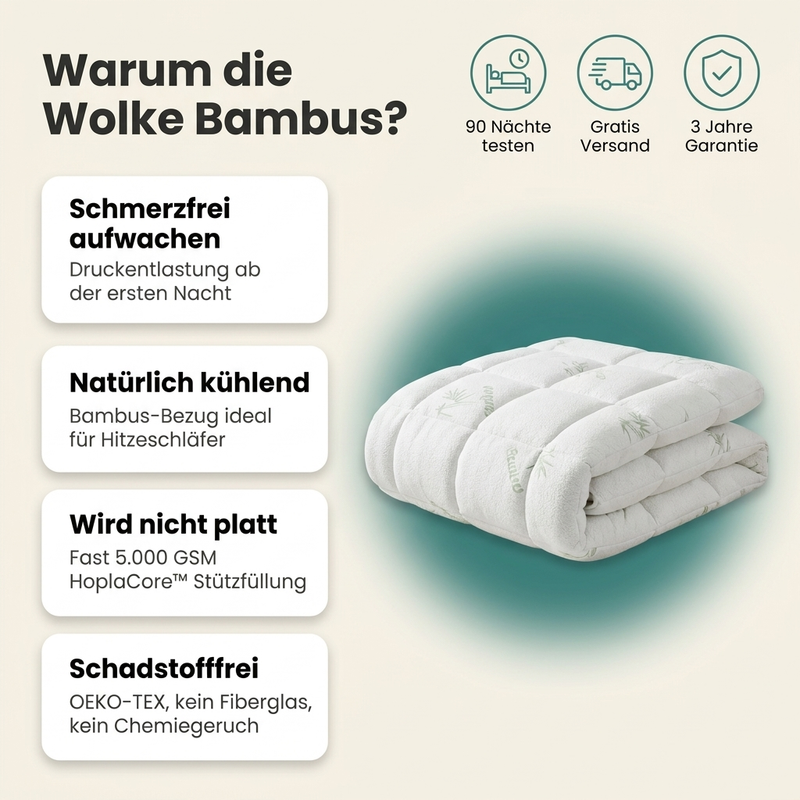 Warum die Wolke Bambus: schmerzfrei aufwachen, natürlich kühlend, wird nicht platt