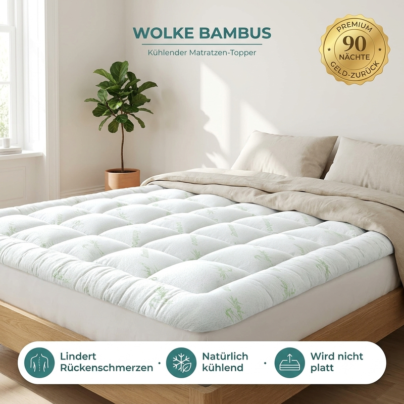 Wolke Bambus Topper auf einem großen Doppelbett